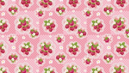 Strawberry clusters arranged in repeating pattern on pink backdrop create a sweet and delicate aesthetic suitable for fabric or paper products.