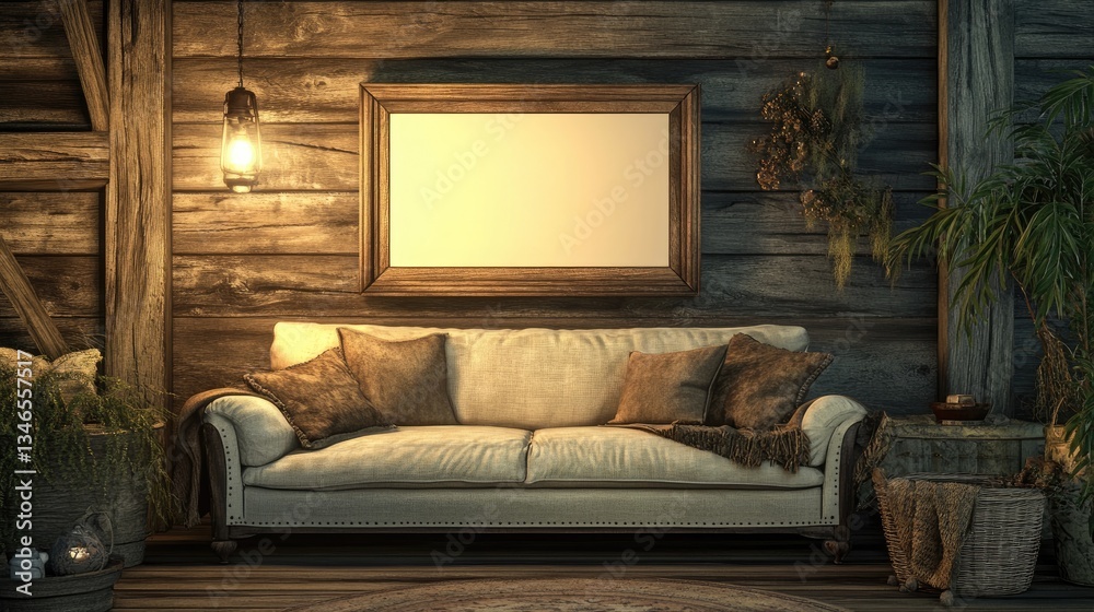 Aufkleber a cozy rustic living room features a plush off-white sofa, an empty frame on a rustic wooden wall, a
