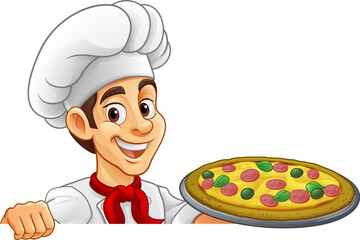 A chef cook holding a pizza cartoon food man mascot character illustration