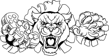 A panther, leopard or cougar wildcat cat jaguar gamer sports mascot holding a video game controller