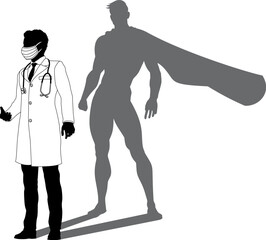 Fototapeta premium A superhero medical doctor man health care worker revealed by his shadow silhouette as a super hero in a cape.
