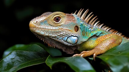 Fototapeta premium Green iguana portrait, jungle foliage, dark background, reptile wildlife