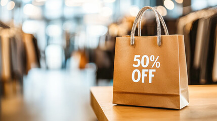 A stylish shopping bag with a "50% OFF" discount sign placed on a wooden surface in a trendy clothing store with a blurred background.