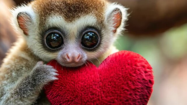 A small slow loris with big, sparkling eyes, gently hugging a plush red heart.