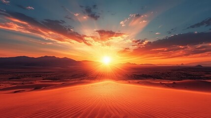 Desert sunrise skyline horizon warm glow concept. A breathtaking sunset over vast sand dunes, with vibrant orange and red hues illuminating the sky and casting long shadows across the desert landscape