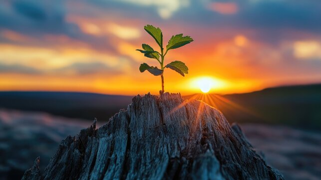 A delicate sapling grows from a weathered tree stump, reaching for the sky with a breathtaking sunset in the background, symbolizing strength and new beginnings.