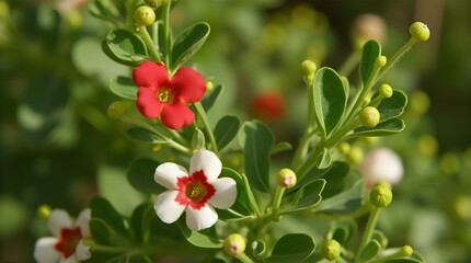 Obraz premium Detailed Botanical Close-Up Plant Red White Flowers Green Leaves Photo