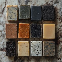  Set of organic soap bars with natural textures and embedded exfoliants such as coffee grounds, charcoal, and sea salt, offering a luxurious skincare experience.
