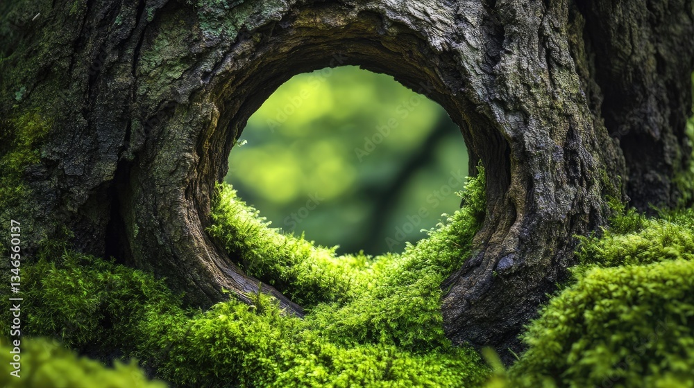 Poster a detailed close-up of a tree trunk with a striking circular hole, framed by lush green moss, symbol
