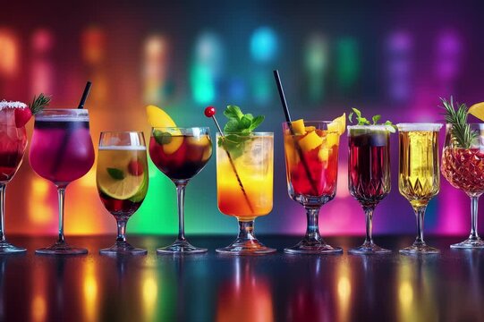 colorful cocktails in wine glasses on bar counter in pup or restaurant