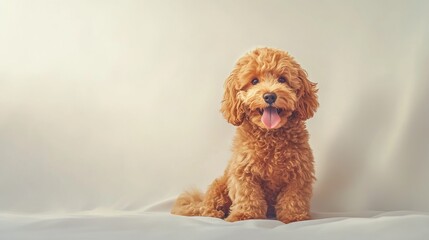 Adorable brown poodle puppy sitting on white background looking happy