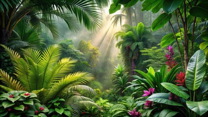 Obraz premium Lush green foliage and vibrant vegetation in a dense jungle environment with exotic plants and flowers swaying gently in the breeze, foliage, greenery