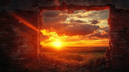 A fiery sunset breaks through a broken brick wall, representing hope and resilience, with warm, dramatic hues illuminating the landscape.