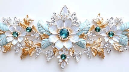 Fototapeta premium Elegant Gold and White Floral Jewelry Design with Teal Gemstones and Crystals