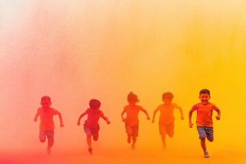 Obraz premium Children running joyfully in a colorful powder explosion, embodying excitement and playfulness in a vibrant setting with shades of orange and yellow