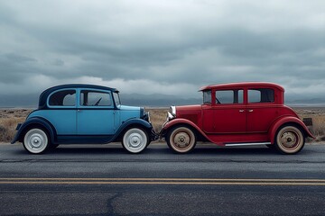 Contrast shot: Electric car and old gasoline car side by side, symbolizing future and past.

