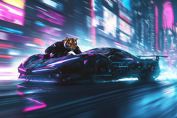 Fototapeta premium Futuristic racing scene with a tiger-headed driver speeding through neon-lit city streets at night