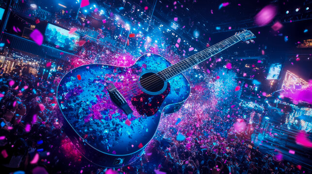 Acoustic Serenade: Guitar in a cascade of confetti and electrifying light, the vibrant heart of a festival celebration, for poster