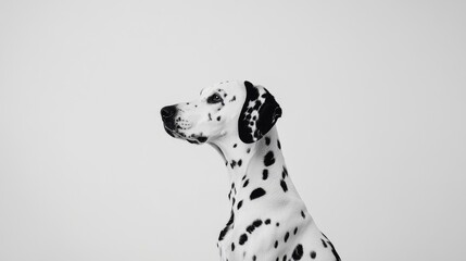 Dalmatian dog with black spots in profile against white background