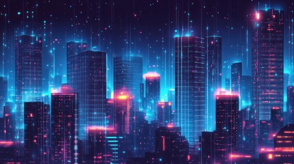 Fototapeta premium Futuristic city skyline at night, glowing buildings