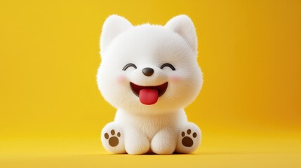 A fluffy white kawaii puppy with a red tongue, big smile, and playful pose, in a 3D minimalist cartoon illustration on a yellow background.