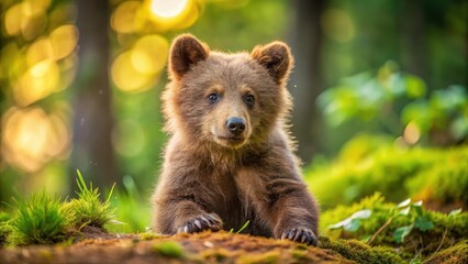 Obraz premium forest floor, brown fur, small ears, playful cub, adventure, bear, adventure, bear, cub, cute
