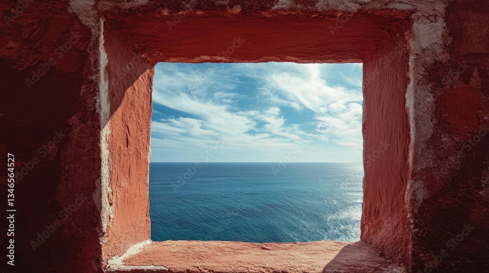 Poster a glimpse through a weathered red stone window frames the expansive ocean below and a sky painted wi