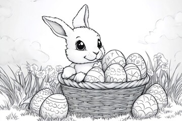 Cute easter bunny showing decorated eggs in basket in spring meadow coloring page