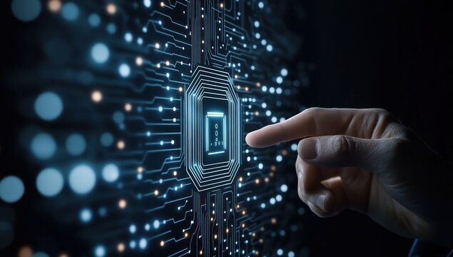 Human finger interacting with a computer circuit board design