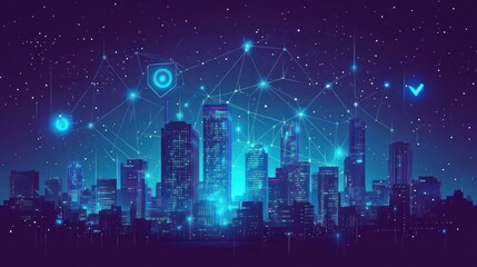 Fototapeta premium Futuristic city skyline at night with interconnected network. Stock photo for technology, security, and urban concepts