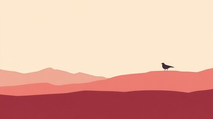 Lone Bird on Desert Hills at Sunset.