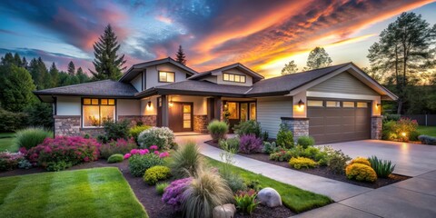 Obraz premium A modern ranch style home surrounded by lush greenery and vibrant flowers under the warm glow of twilight lighting, House exterior, Ranch house