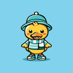 A hand-drawn vector illustration of a cute duck wearing a blue hat, scarf, and sneakers. Perfect for kids' designs, stickers, and branding. Not AI-generated.