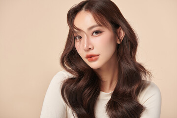 Naklejka premium A beautiful young Asian woman with clean, fresh skin against a beige background. Skincare, facial treatment, cosmetology, beauty, and spa. An elegant portrait of an Asian woman.