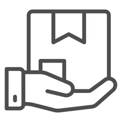 Courier man hand with box line icon, delivery service concept. Vector graphics. Product package in hand palm sign on white background, outline style icon for mobile or web design.