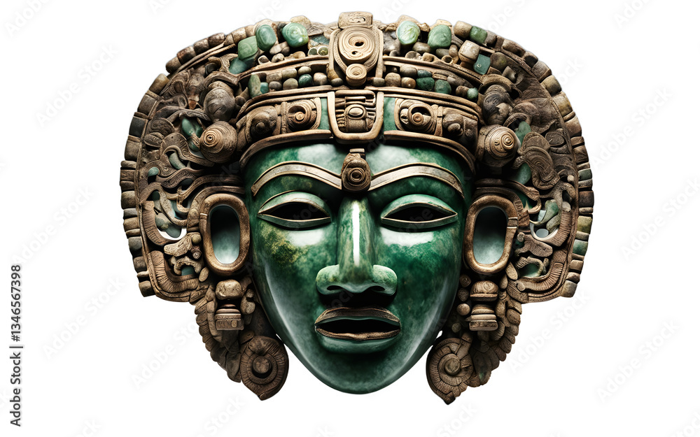 Poster mayan ceremonial jade mask with intricate details isolated on a empty plain background
