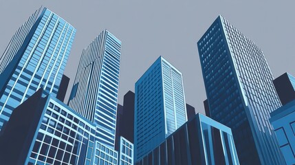 Fototapeta premium Urban Skyline, Low-Angle View, Cityscape, Modern Architecture, Business District, Illustrative Style