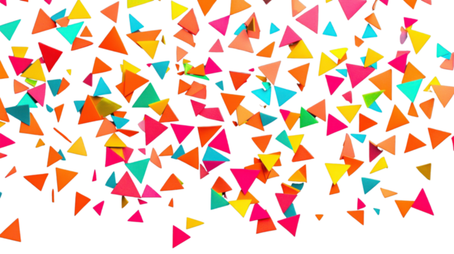 Colorful triangles falling on transparent background