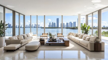 Fototapeta premium A luxurious waterfront living room with expansive views of the Miami skyline, modern minimalist design, and ample natural sunlight for an upscale ambiance.