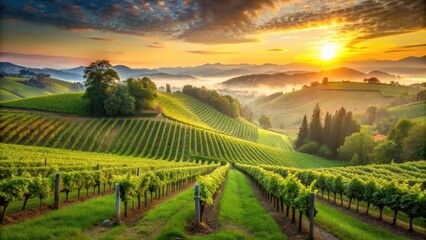 Fototapeta premium A serene vineyard at sunrise with rolling hills and lush greenery