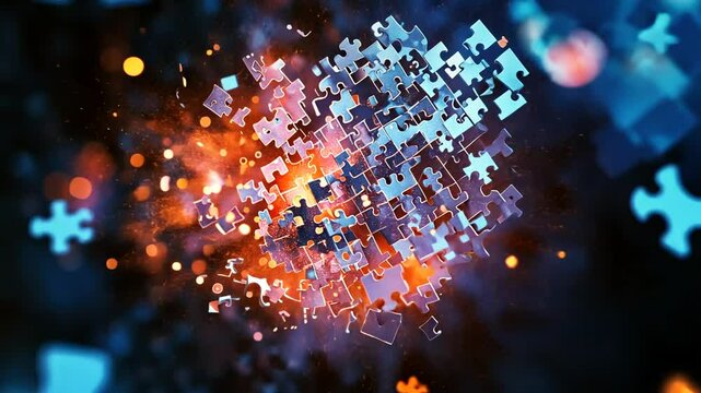 Abstract Puzzle Pieces Forming Sphere with Glowing Center for problem solving concept