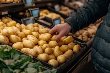 Customer choosing potatoes in supermarket produce section