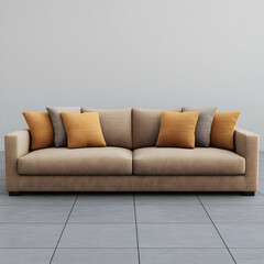 Fototapeta premium Sofa with brown fabric and three pillows on the left side, straight view, gray floor tiles, gray background, low-poly style, simple model, rendered in Blender.