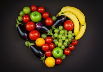 Heart made of fresh fruits and vegetables on a dark background promotes healthy eating habits.