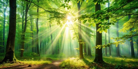 Fototapeta premium forest scene with sunlight filtering through trees, serene, leaves, serene, leaves, scenery, tree, atmosphere