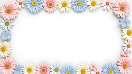 Obraz premium Soft Pastel Daisy and Gerbera Daisy Flower Frame Border White Background for Invitations and Greeting Cards