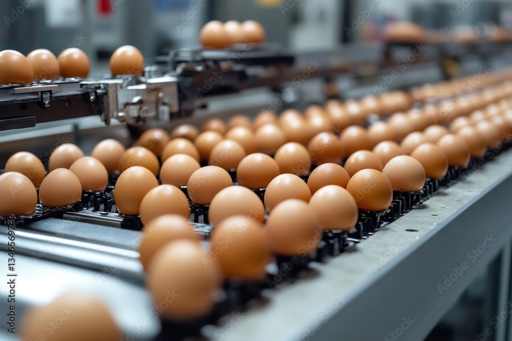 Aufkleber chicken eggs moving on automated conveyor belt in egg factory