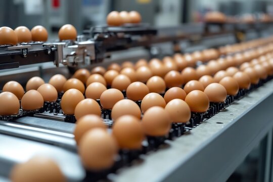 Chicken eggs moving on automated conveyor belt in egg factory