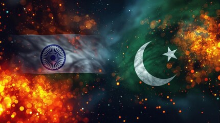 Artistic representation of India and Pakistan flags side by side, surrounded by glowing bokeh effects