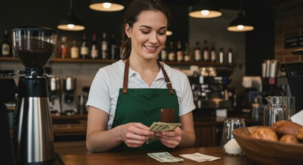 Barista counting cash while smiling in a cozy coffee shop with various beverages and pastries - great job images